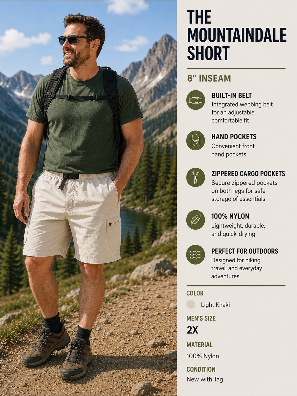 Columbia Mountaindale Shorts Men’s 2X Light Khaki Nylon 8” Inseam NWT